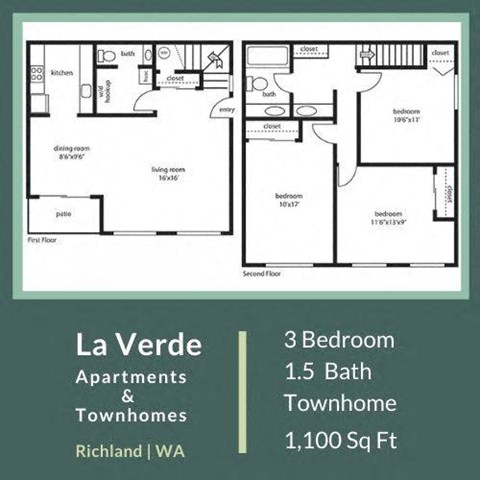 La Verde Apartments Three Bedroom One and a Half Bathroom Floor Plan